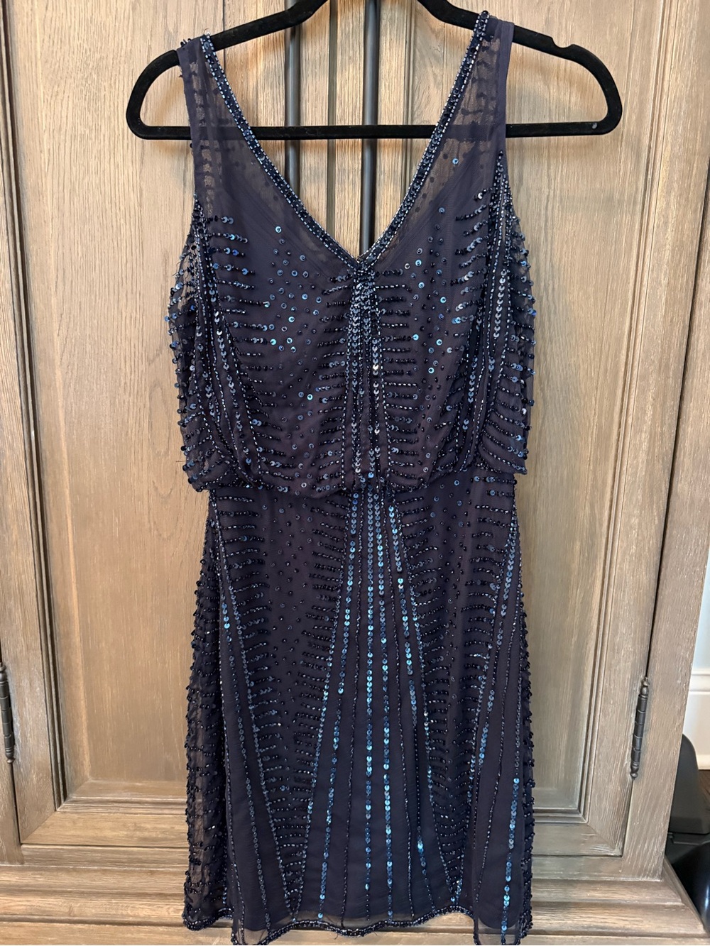 Adrianna Papell Navy Beaded V-Neck Evening Dress
